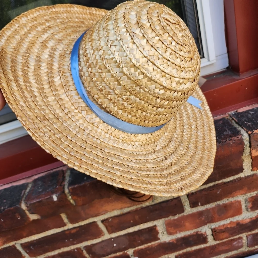 Vintage Straw Sun Hat Blue Ribbon Flower Wide Brim Beach Garden Party NWT - Picture 3 of 6